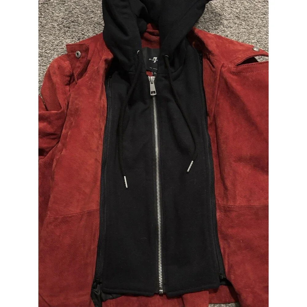 7 For All Mankind Leather Suede Moto Jacket Removeable Hood Women’s Small Red